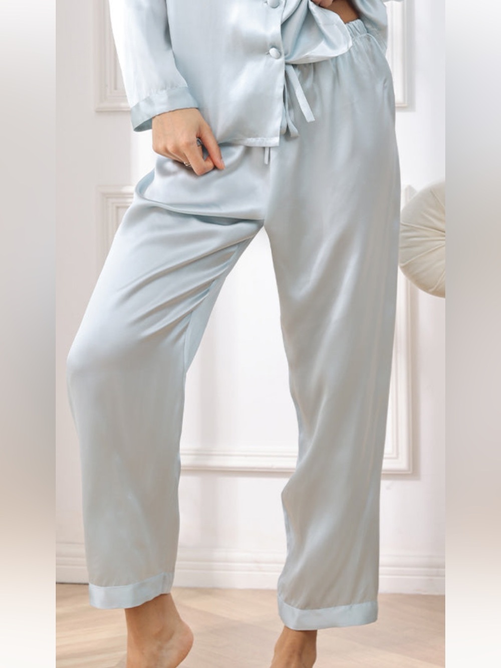 Silksilky 100% Pure Mulberry Silk Organic Eco Friendly Lounge Pants Icy Blue L